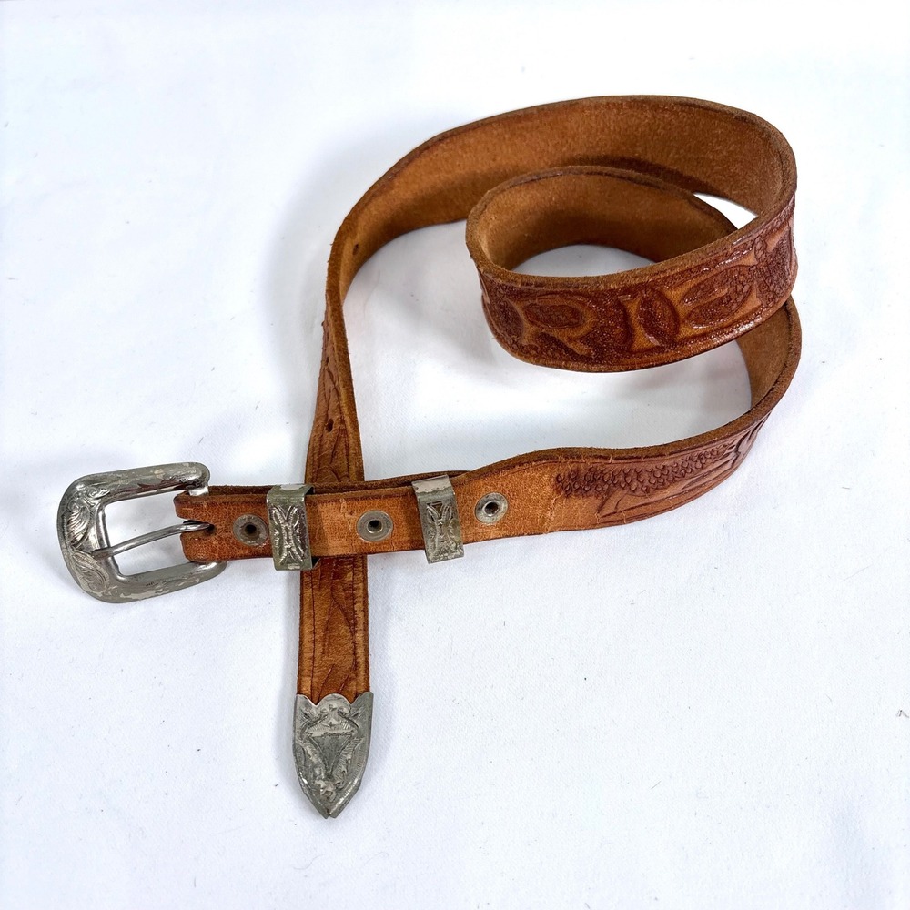 Vintage Handmade Tooled Leather Belt Tan Brown Western Engraved Silver Buckle Sm
